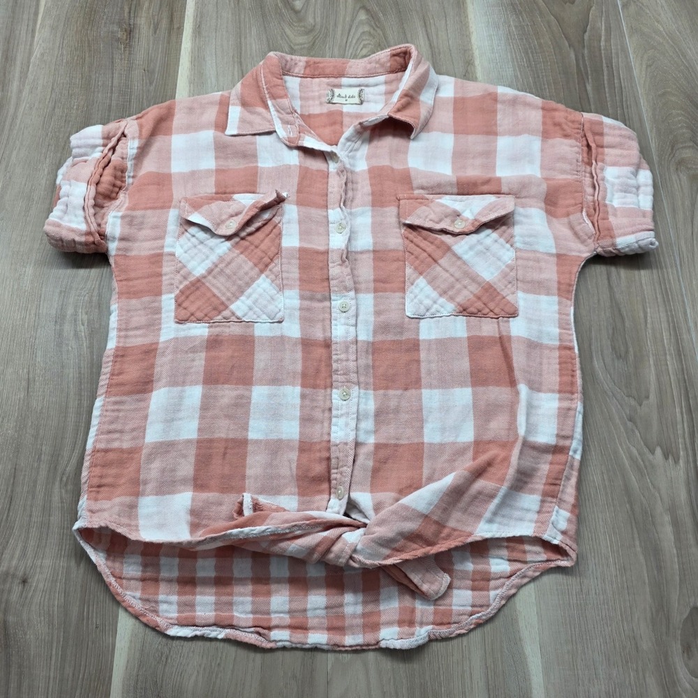 Altar'd State Shirt Womens Medium Pink White Plaid Cotton Gauze Front Tie Boho M